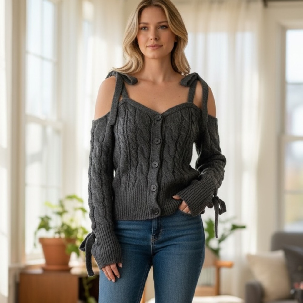 Muse Charcoal Off-the-Shoulder Sweater